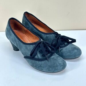 Anthropologie Chie Mihara Pumps Womens 39 Blue Suede Lace Up Embossed Heel Shoes